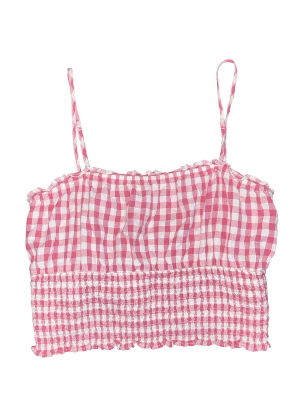 American Eagle Pink Gingham Smocked Cropped Sleeveless Top